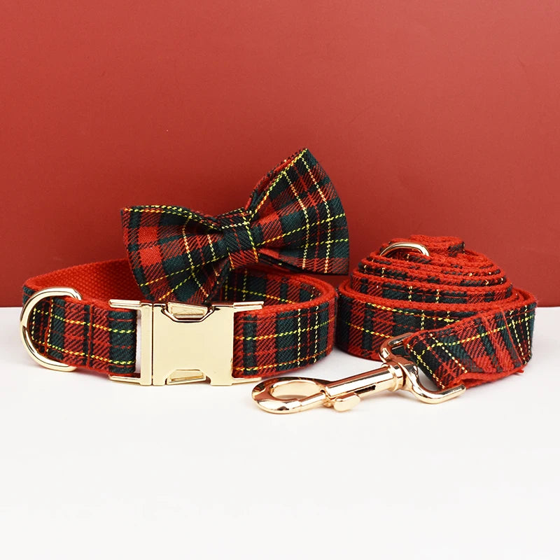 Christmas Dog Collar, Red Lattice Soft Cotton with Bell