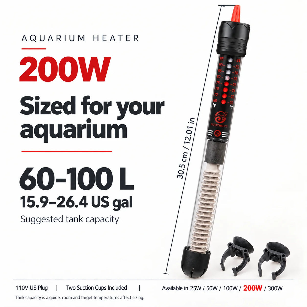 Adjustable Submersible Aquarium Heater with US Plug, 25W to 300W