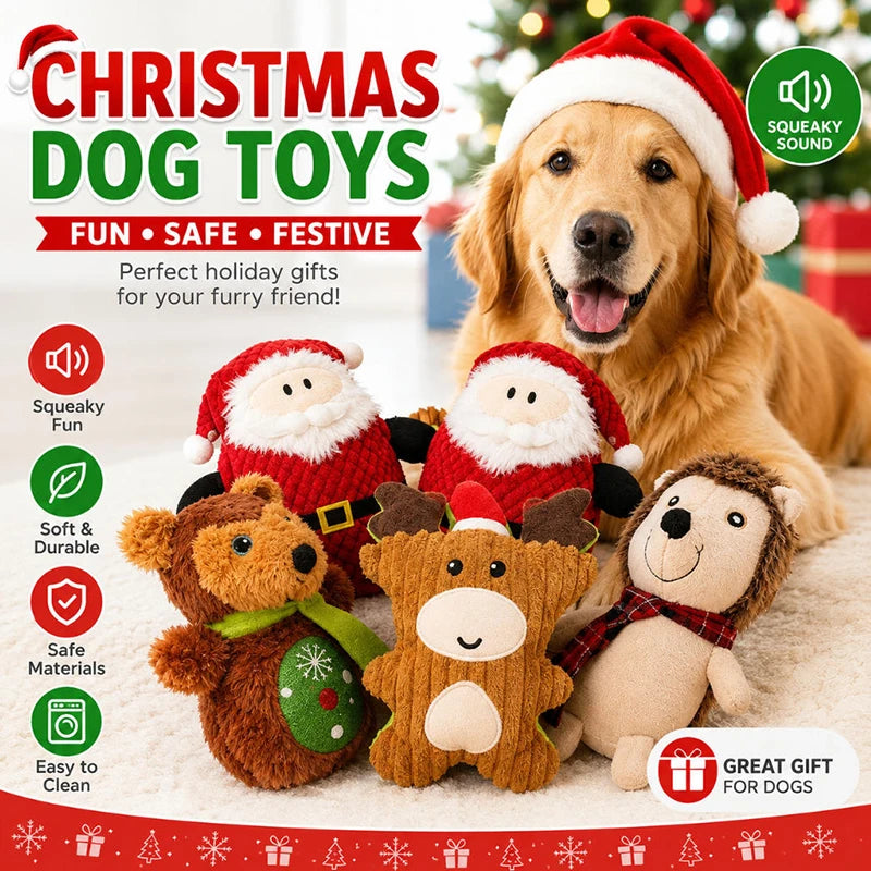 Christmas Plush Squeaky Dog Toy, Santa Elk & Gingerbread Man