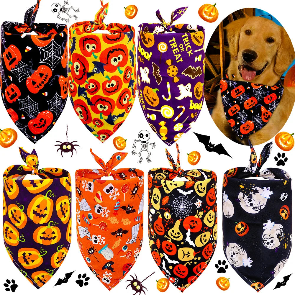 Halloween Dog & Cat Bandana Scarf, Pumpkin Ghost Bat Print Bib