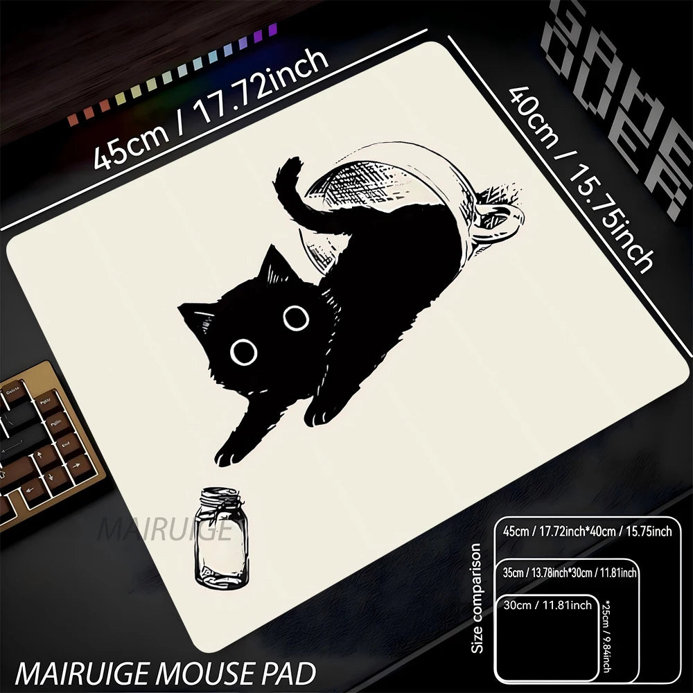 Black Cat Illustration Mouse Pad, Non-Slip Desk Mat Gift for Cat Lovers