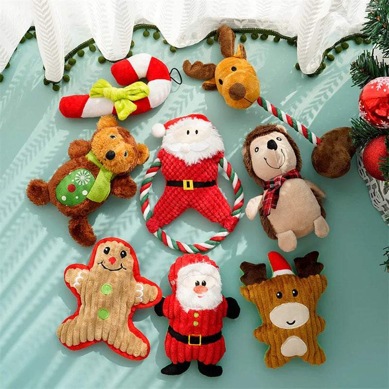 Christmas Dog Plush Santa Squeaky Chew Rope Toy