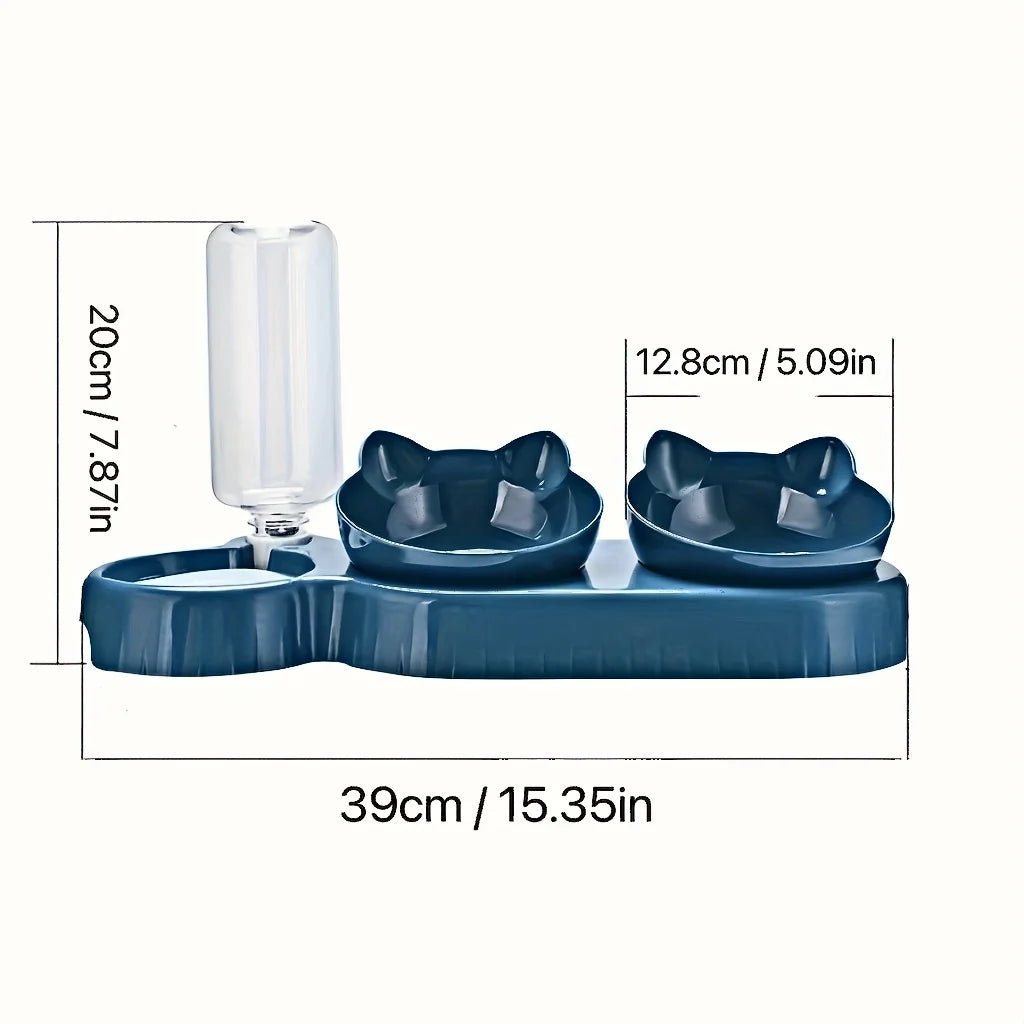 3-in-1 Tilted Cat Bowl Set with Gravity Water Bottle, Neck-Friendly