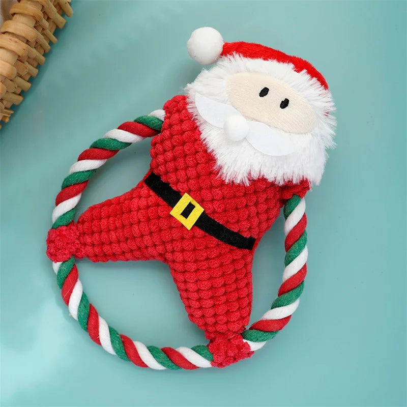 Christmas Dog Plush Santa Squeaky Chew Rope Toy