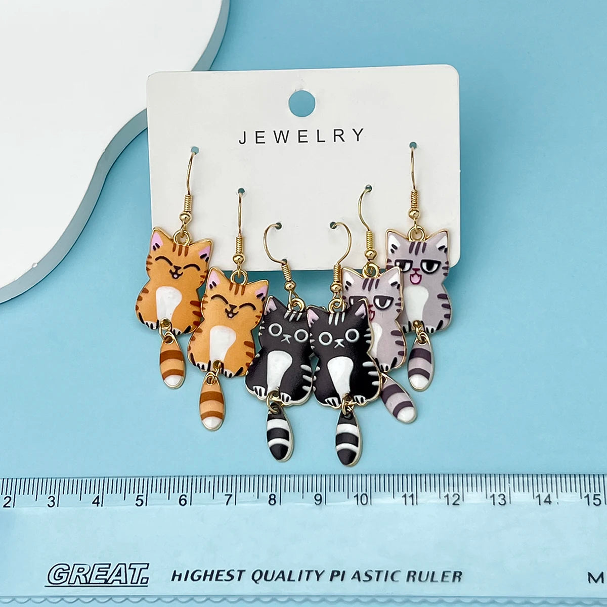 Hanging Tail Cat Dangle Earrings, 3-Pair Enamel Gift Set for Cat Lovers