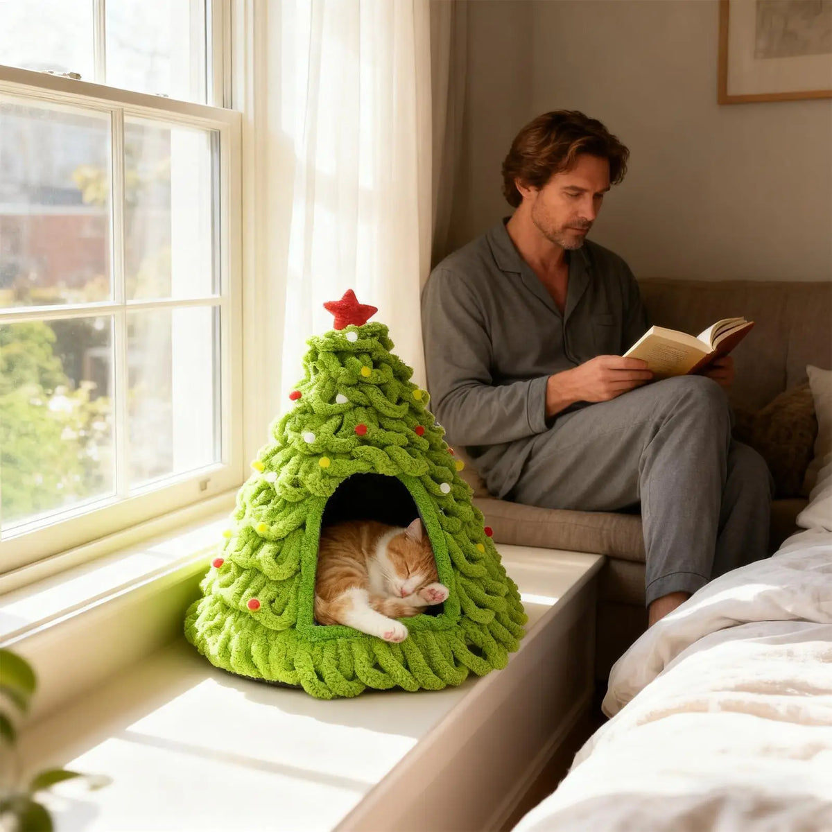 Knitted Christmas Tree Cat House, Warm Winter Nest for Kittens
