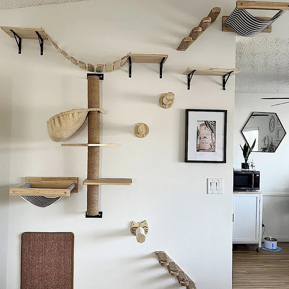Wall-Mounted Cat Climbing Shelf Set with Scratching Post & Hammock