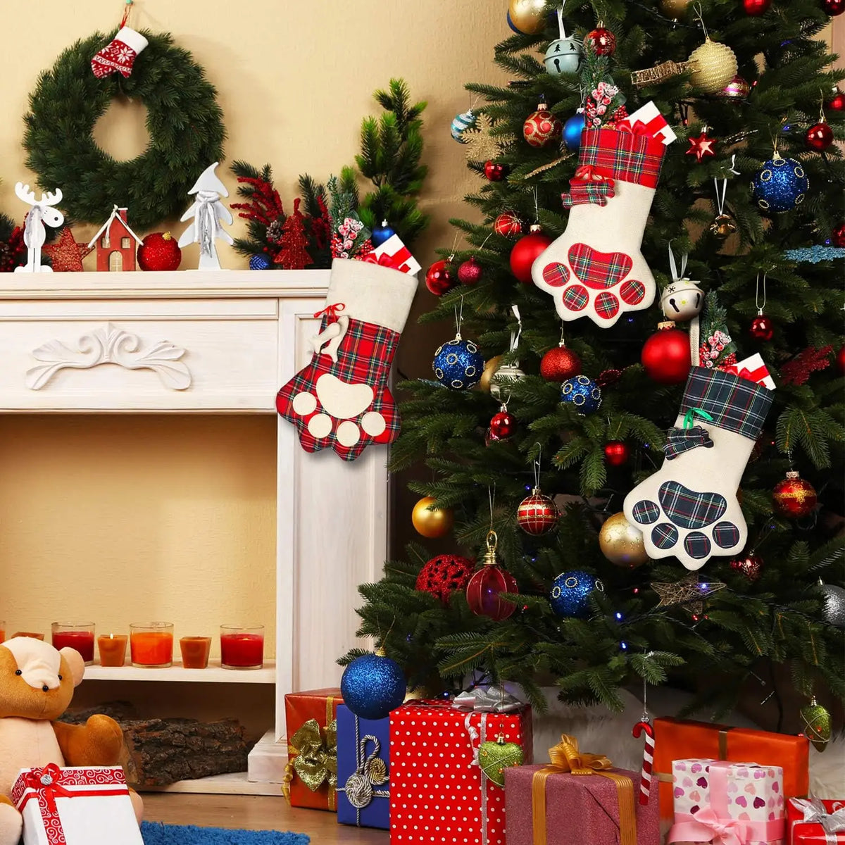 Christmas Pet Stocking with Paw Print, Plaid Hanging Gift Bag