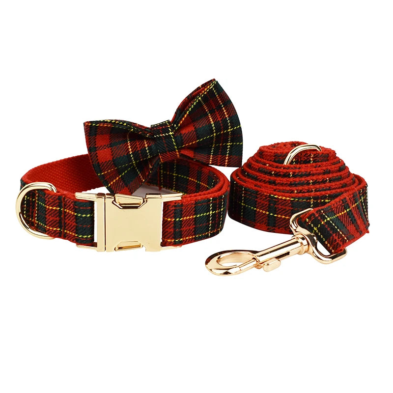 Christmas Dog Collar, Red Lattice Soft Cotton with Bell