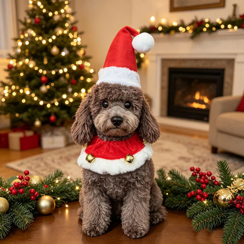 Dog Christmas Santa Hat Collar with Bells, Holiday Costume