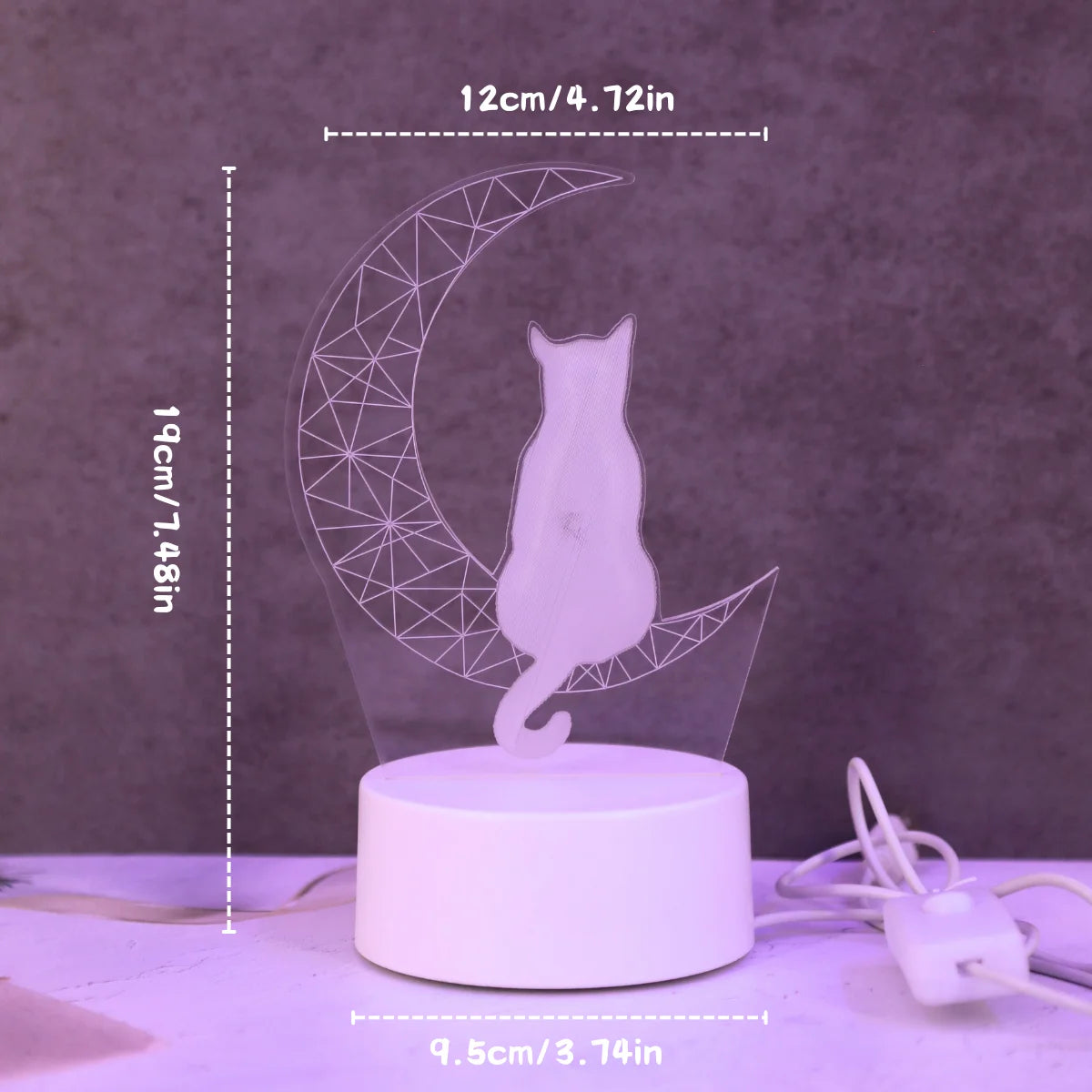 3D Moon Cat Acrylic LED Night Light, Gift for Cat Lovers