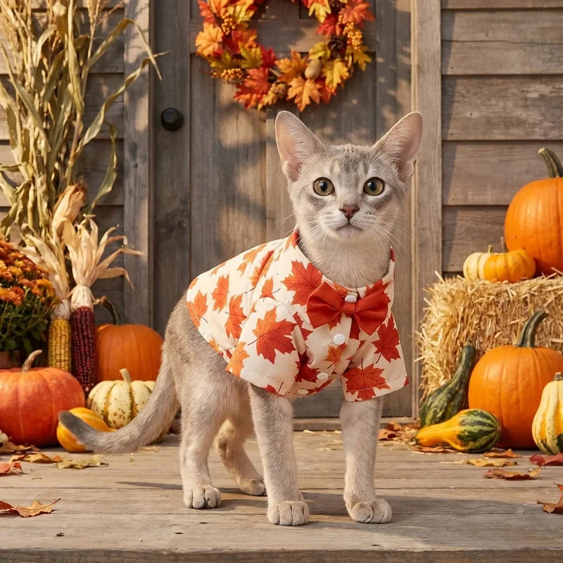 Fall Maple Leaf Dog Shirt with Bowtie, Thanksgiving Pet Outfit