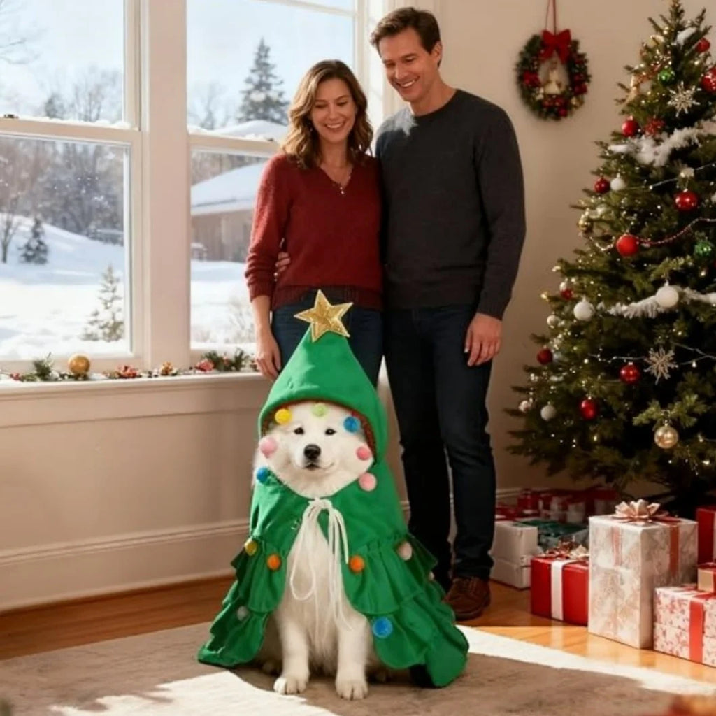 Christmas Tree Cloak Costume for Dogs & Cats, Star Pompom Cape