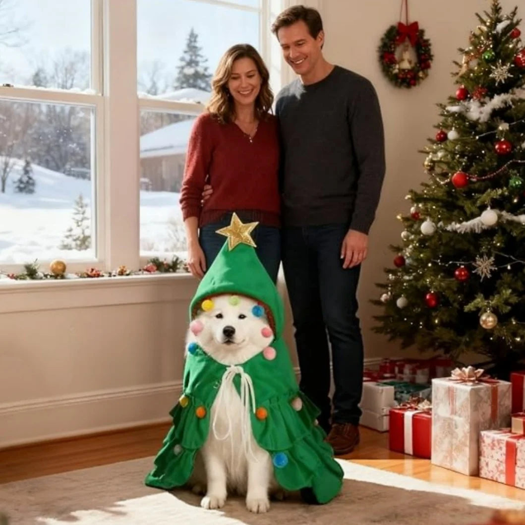 Christmas Tree Cloak Costume for Dogs & Cats, Star Pompom Cape