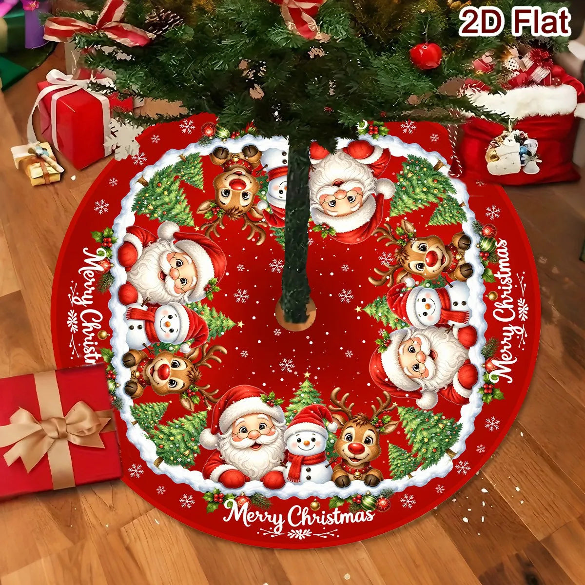 Christmas Tree Skirt, Santa & Snowman Print Holiday Tree Mat
