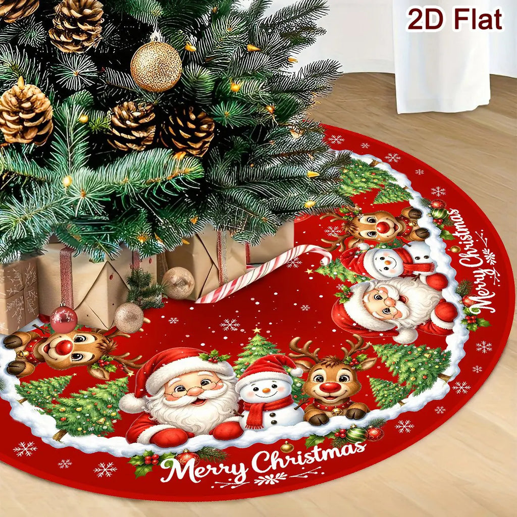 Christmas Tree Skirt, Santa & Snowman Print Holiday Tree Mat