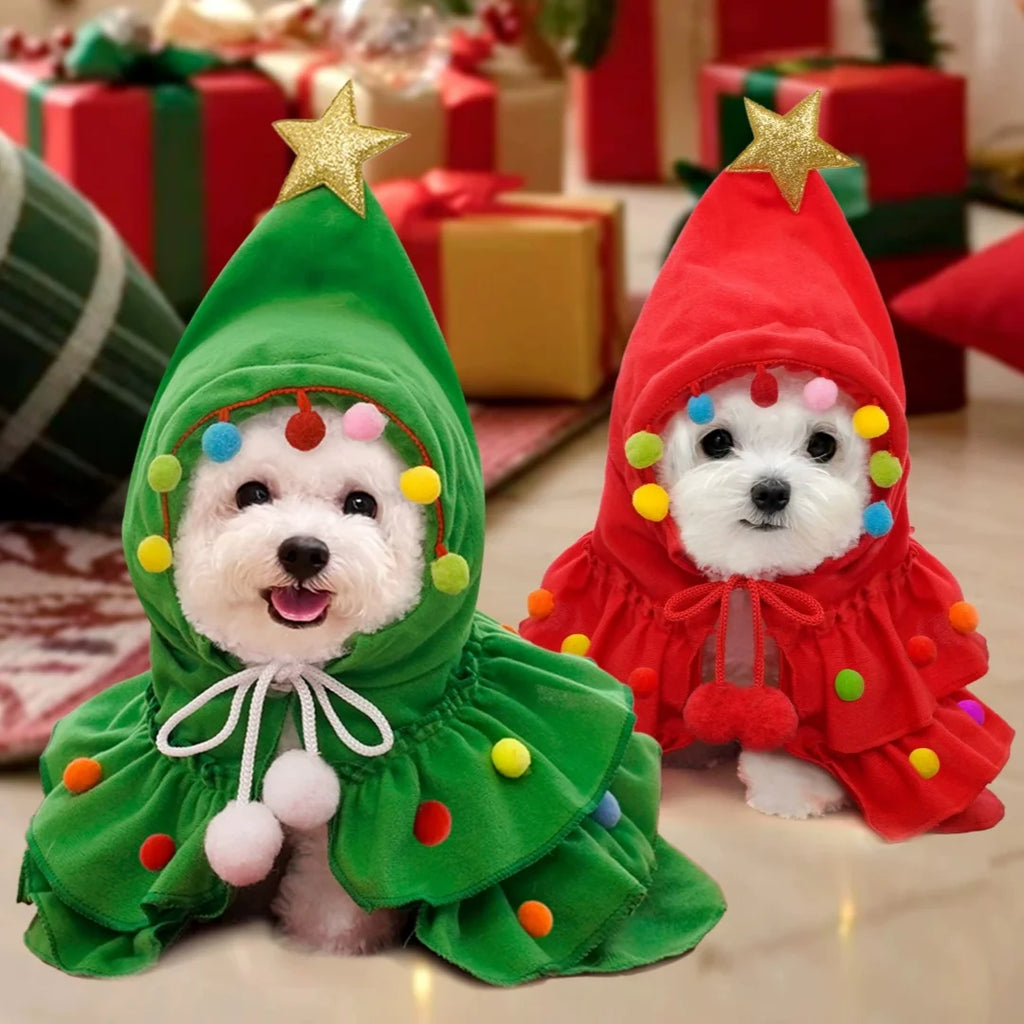 Christmas Tree Cloak Costume for Dogs & Cats, Star Pompom Cape