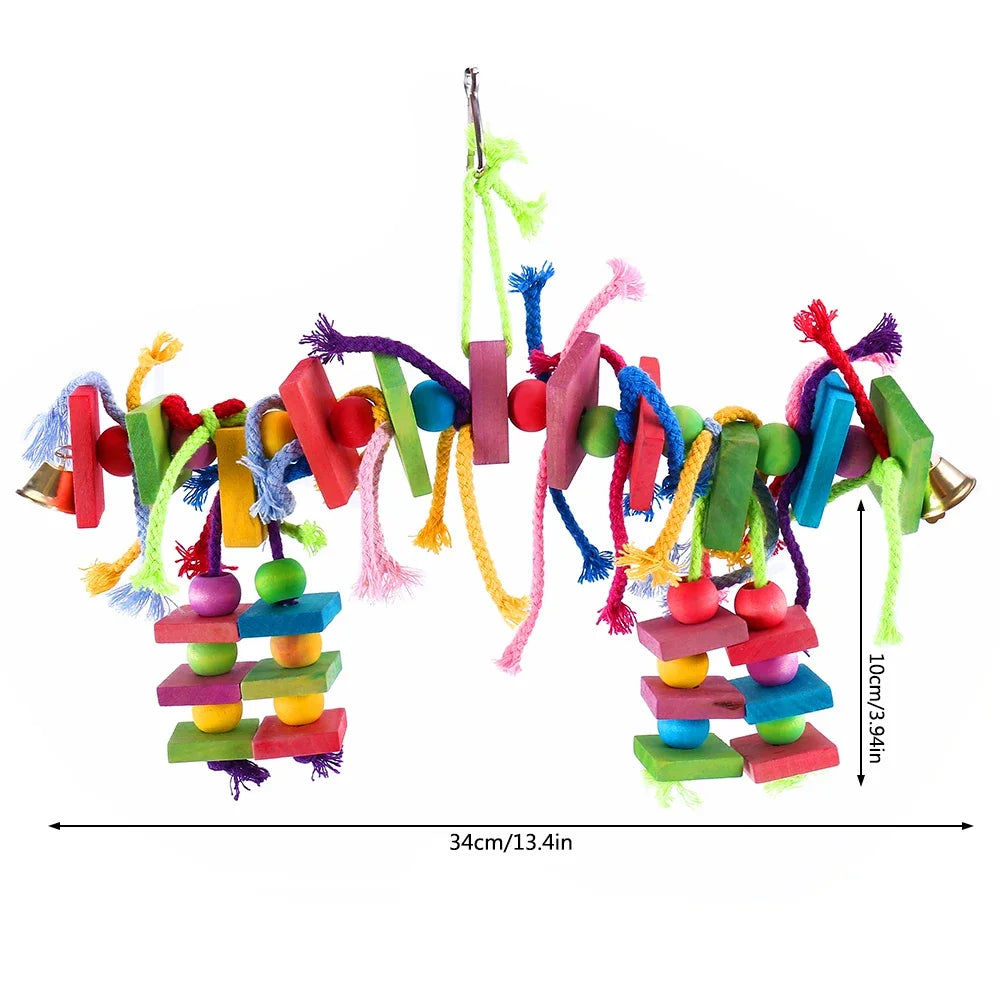 Colorful Wooden Foraging Block Toy for Parrots, Hanging Cage Chew