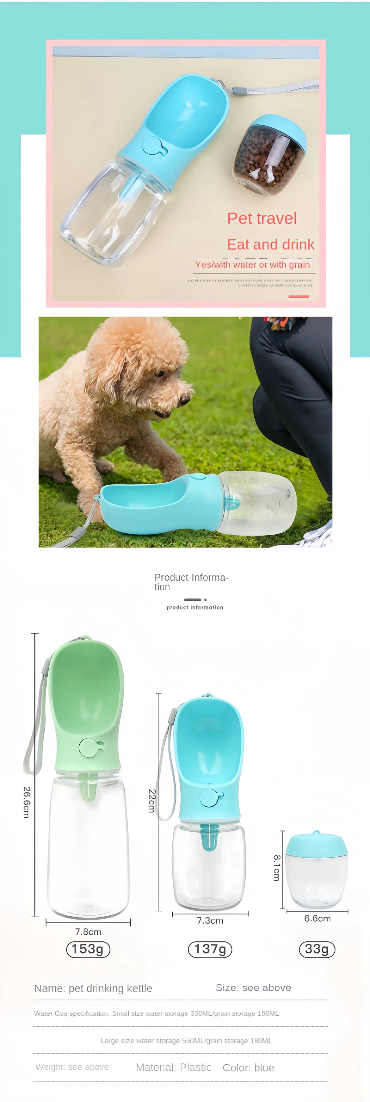 2-in-1 Pet Travel Water Bottle with Food Container for Dogs & Cats