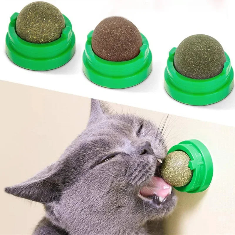 Natural Catnip Ball Wall Stick-on Cat Toy Teeth Cleaning Licking Ball