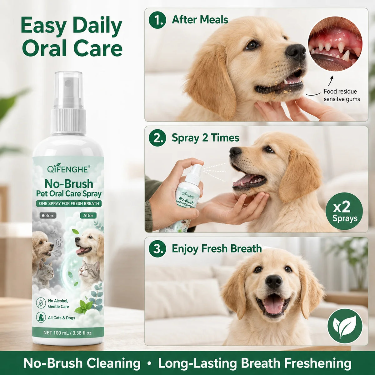 No-Brush Pet Dental Spray for Fresh Breath, Dog & Cat Oral Care