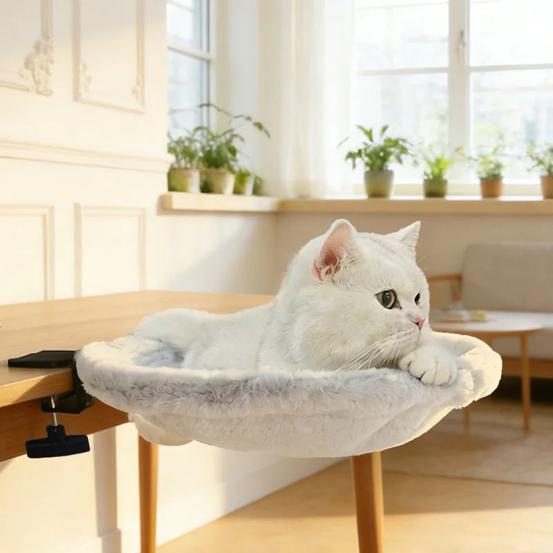 Clamp-On Cat Desk Hammock Bed with Plush Cushion, Space-Saving Perch