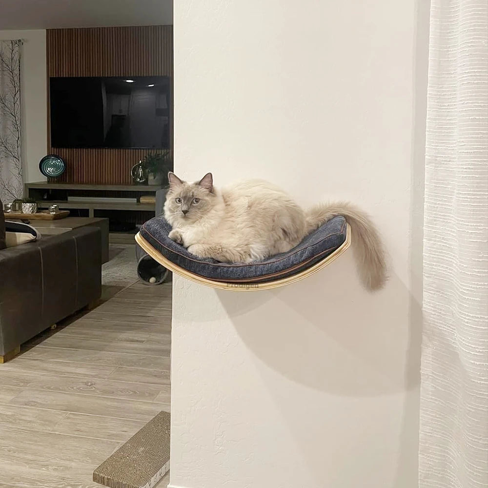 Wall-Mounted Curved Cat Shelf Steps with Cozy Perch Bed