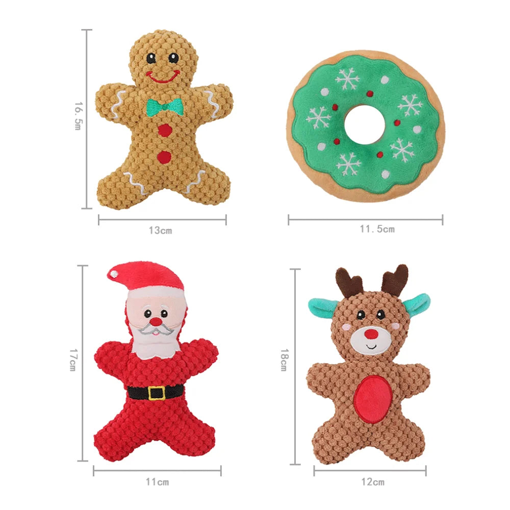 Christmas Squeaky Plush Dog Toy, Santa, Reindeer & Gingerbread