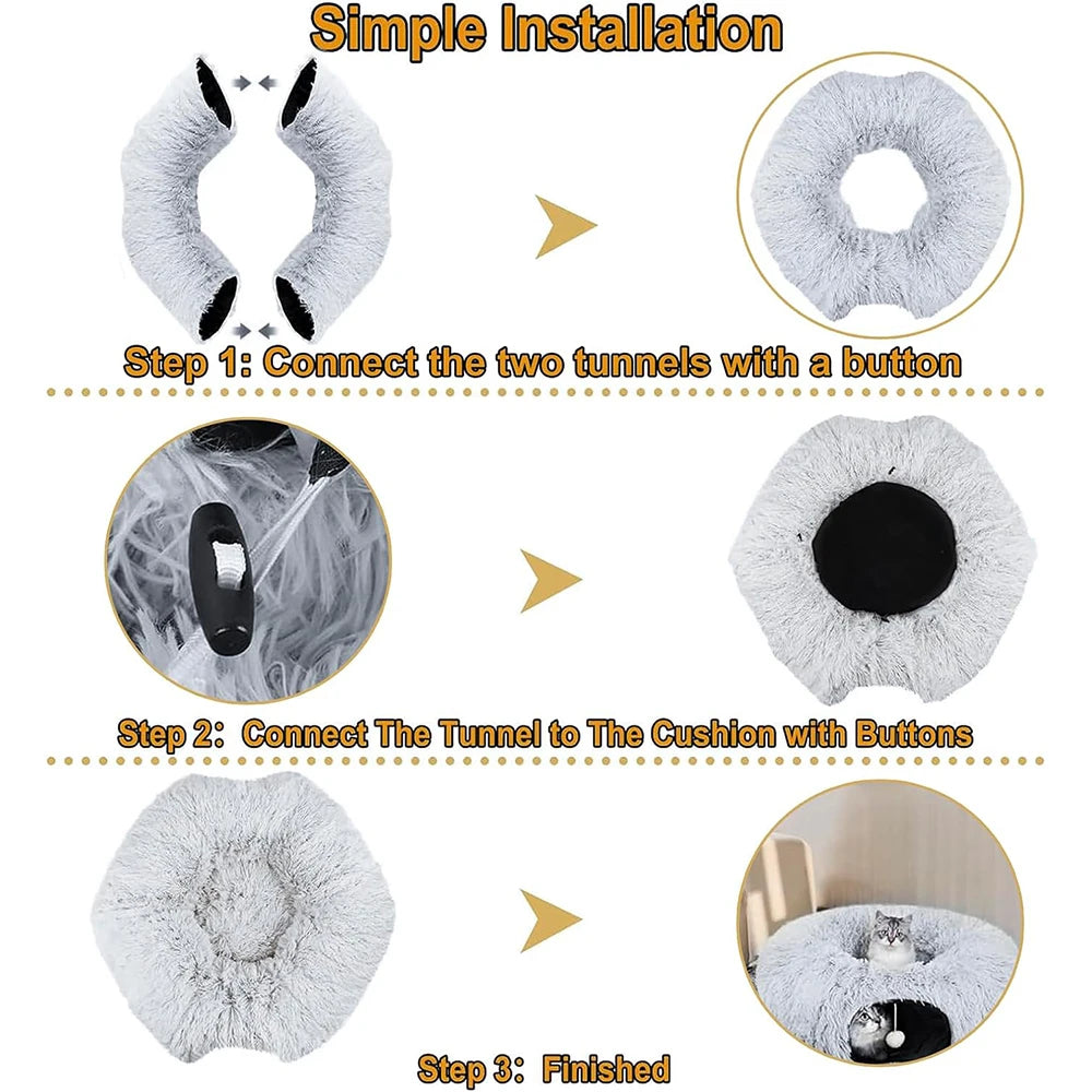 Plush Cat Tunnel Bed, Foldable 2-in-1 Warm Round Hideaway for Cats