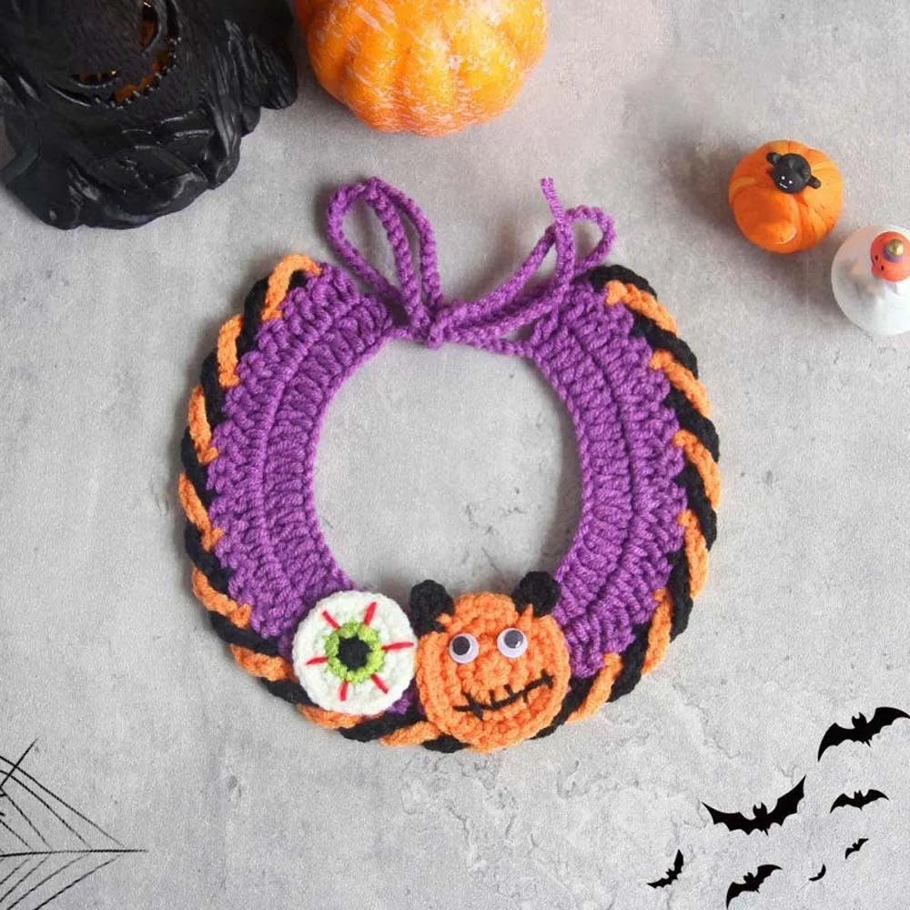 Halloween Cat Costume Pumpkin Ghost Woven Hat and Bib Set for Cats