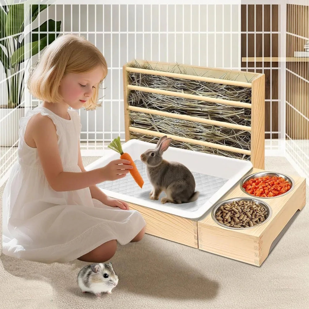 3-in-1 Wooden Rabbit Hay Feeder with Litter Box & 2 Bowls
