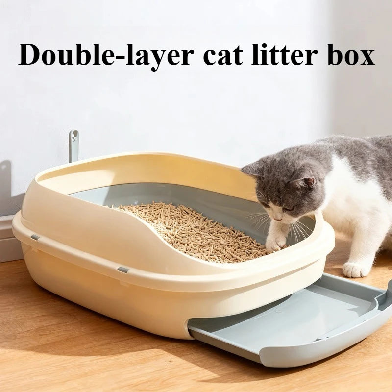 Half-Enclosed Double-Layer Grid Cat Litter Box, Splash-Proof Drawer