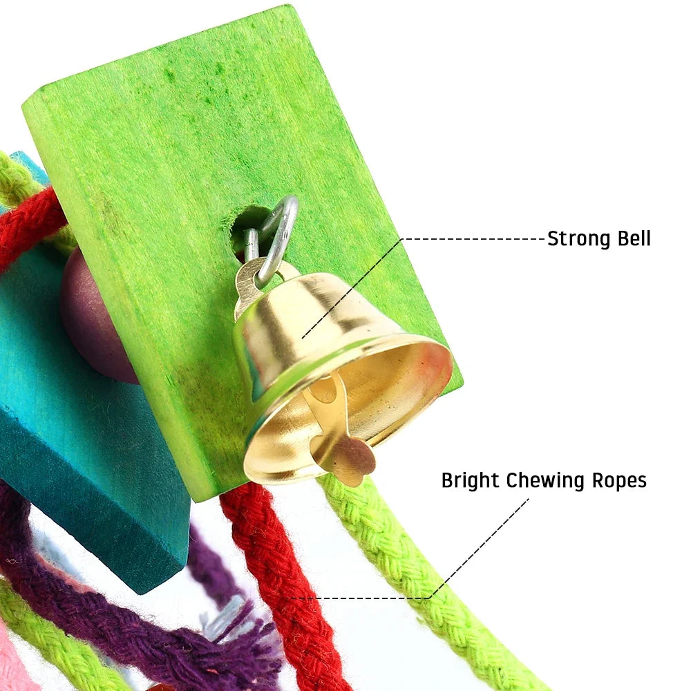 Colorful Wooden Foraging Block Toy for Parrots, Hanging Cage Chew