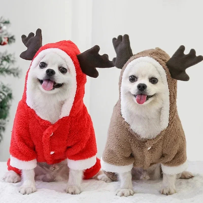 Christmas Elk & Santa Dog Hoodie, Warm Winter Pet Coat