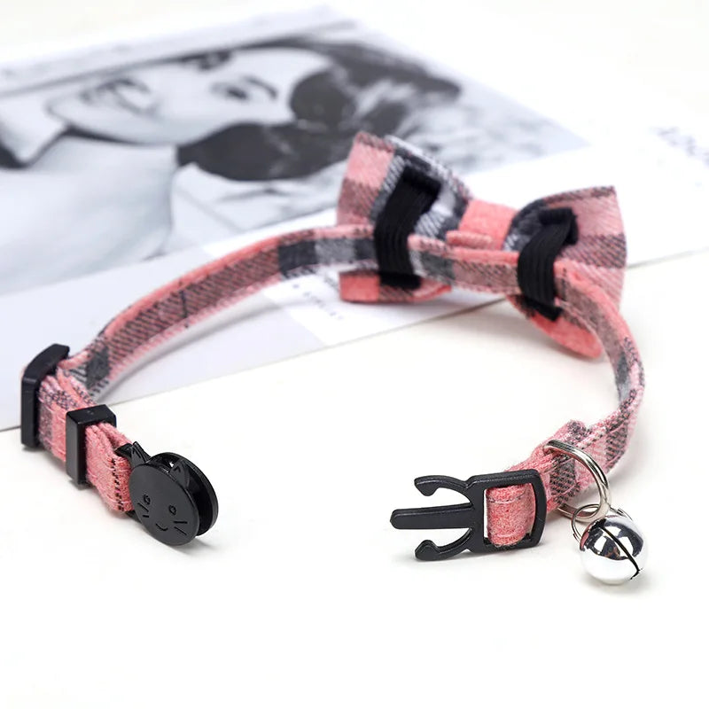 Christmas Plaid Pet Collar Necklace with Bow Tie and Bell, Adjustable