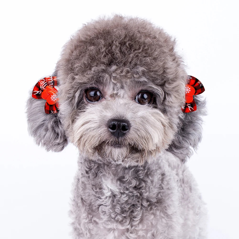 Christmas Plaid Puppy Hair Bows with Rubber Bands, 20-Pack