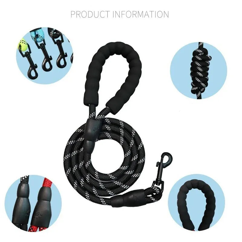 Reflective Nylon Round Dog Leash, No-Strangle Walking Lead