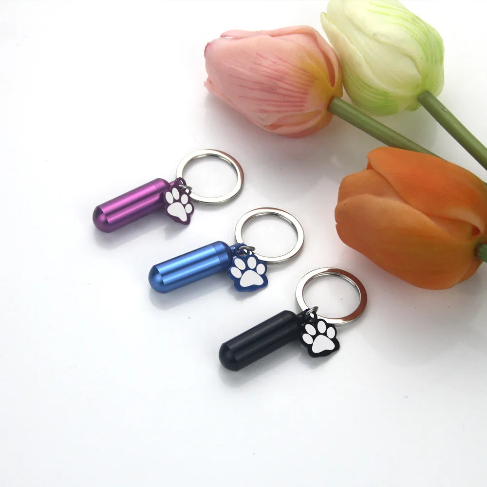 Paw Print Pet Memorial Urn Keychain, Cylinder Ashes Keepsake Holder