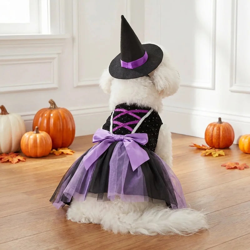 Halloween Witch Tutu Dress with Hat for Small Dogs and Cats, Purple