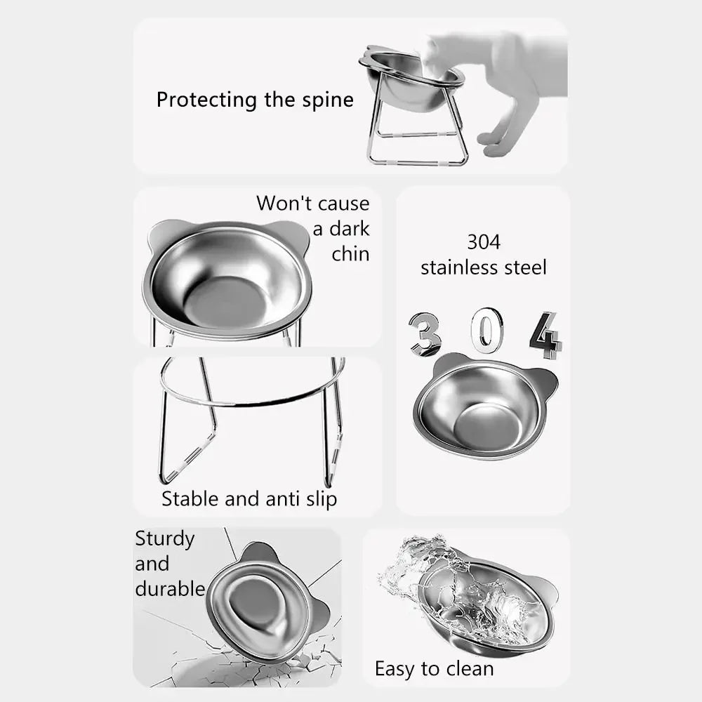 Stainless Steel Raised Cat Bowl, 15° Tilted Neck-Friendly Feeder