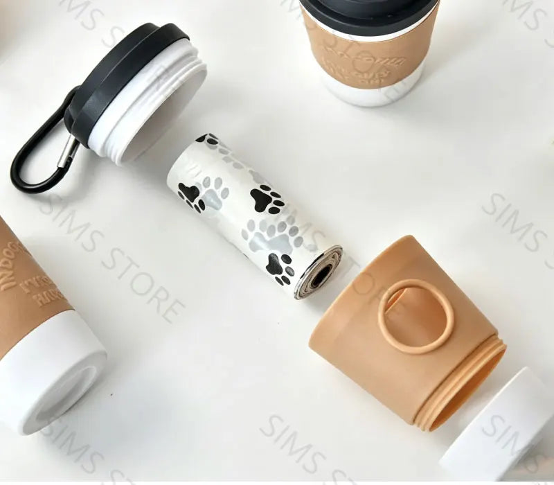 Coffee Cup Dog Poop Bag Dispenser with Leash Clip for Walks
