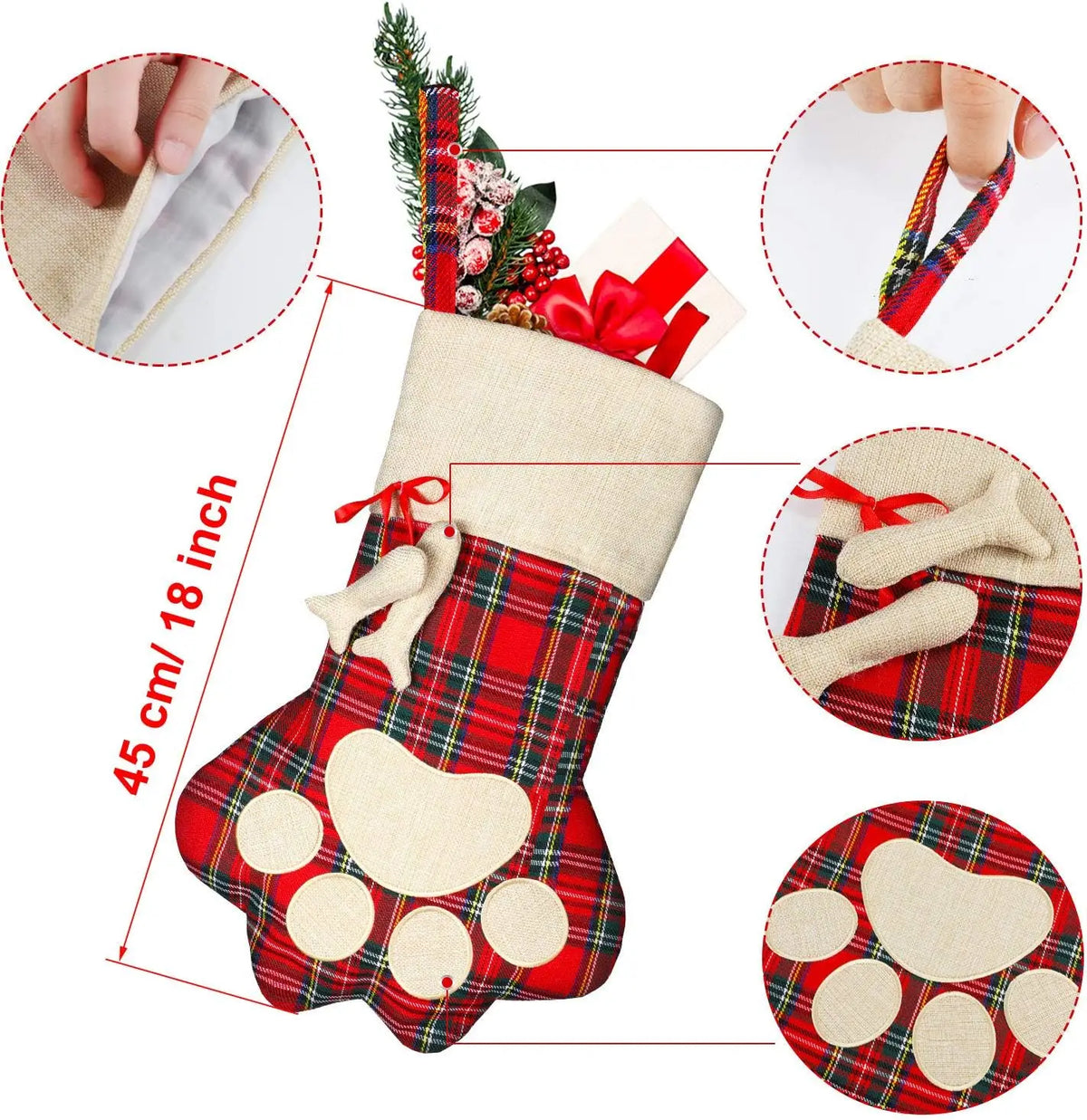 Christmas Pet Stocking with Paw Print, Plaid Hanging Gift Bag