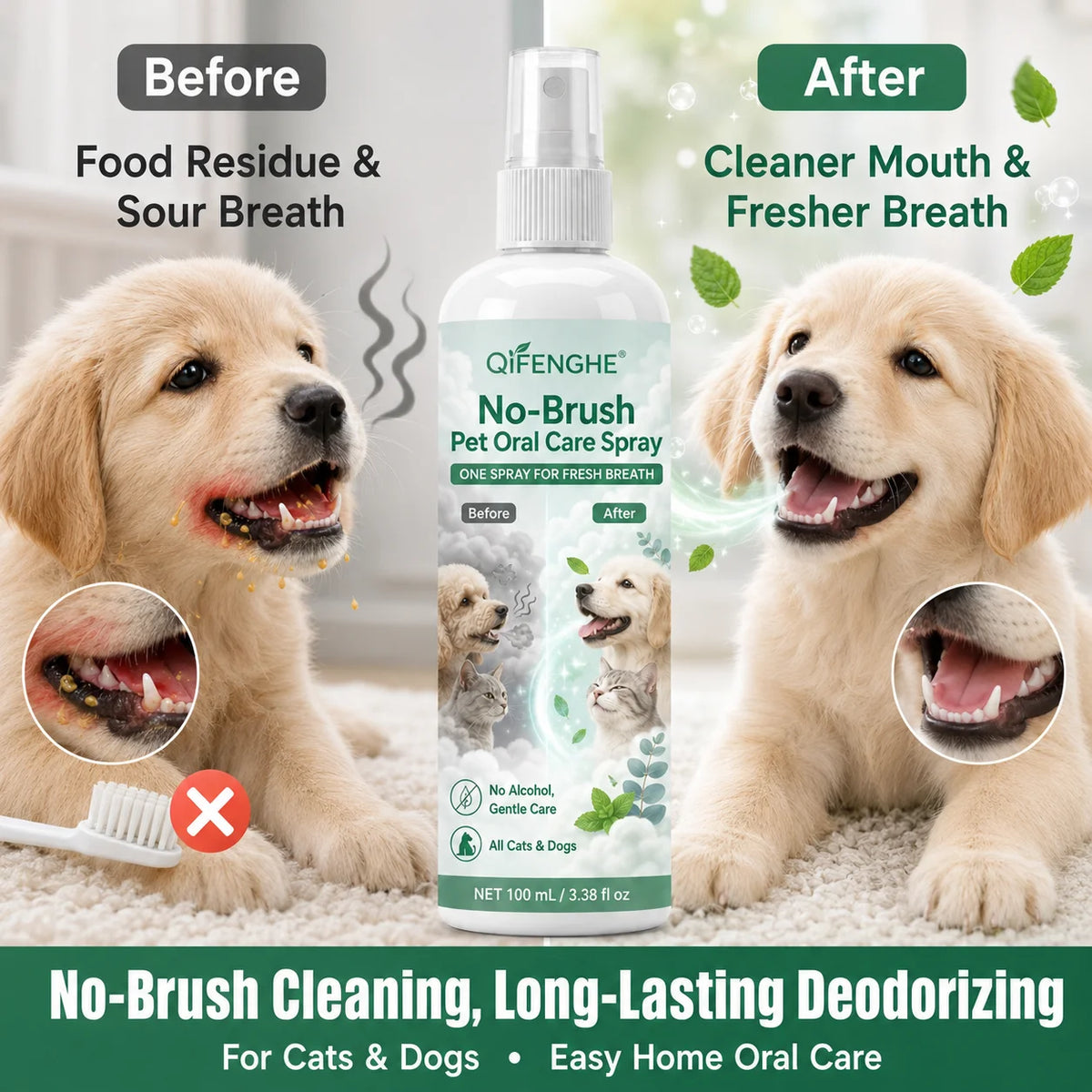 No-Brush Pet Dental Spray for Fresh Breath, Dog & Cat Oral Care