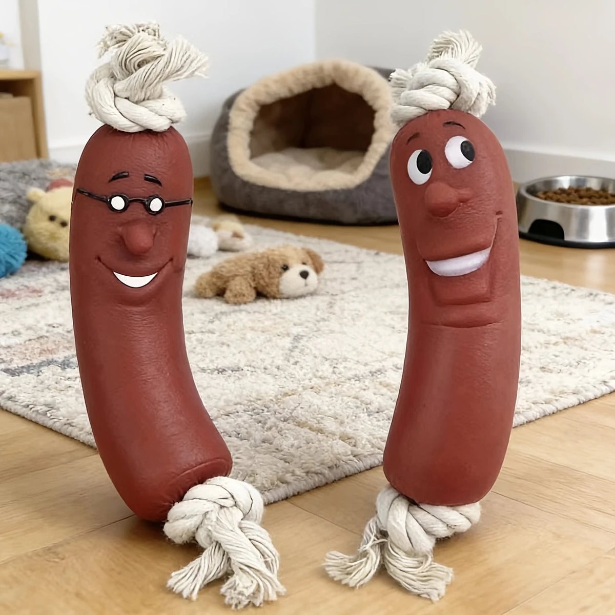 Squeaky Sausage Dog Chew Toy, Bite-Resistant Rope Teething Toy