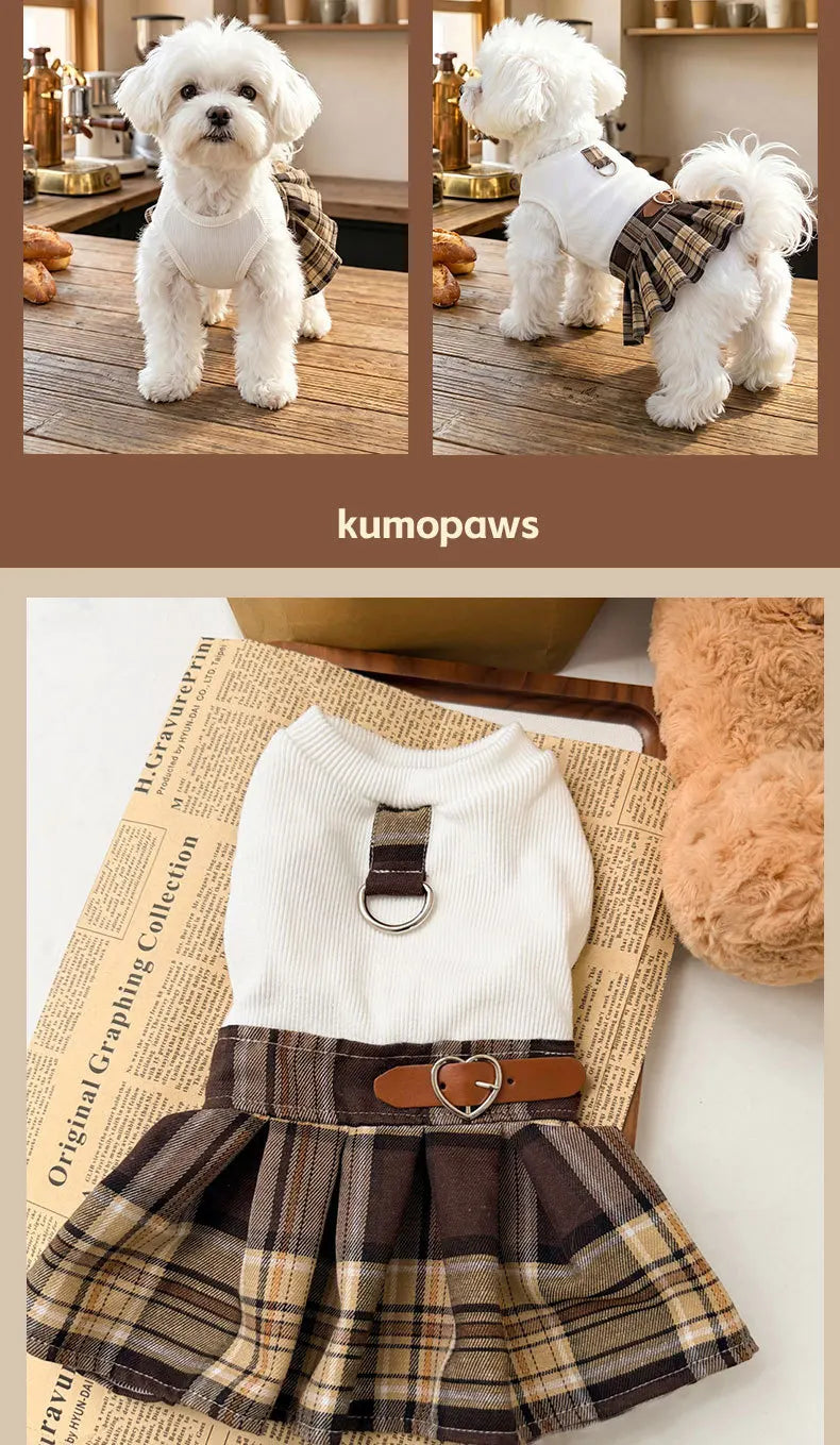 Plaid Pleated Dog Skirt Dress, Preppy Fall and Winter Pet Outfit