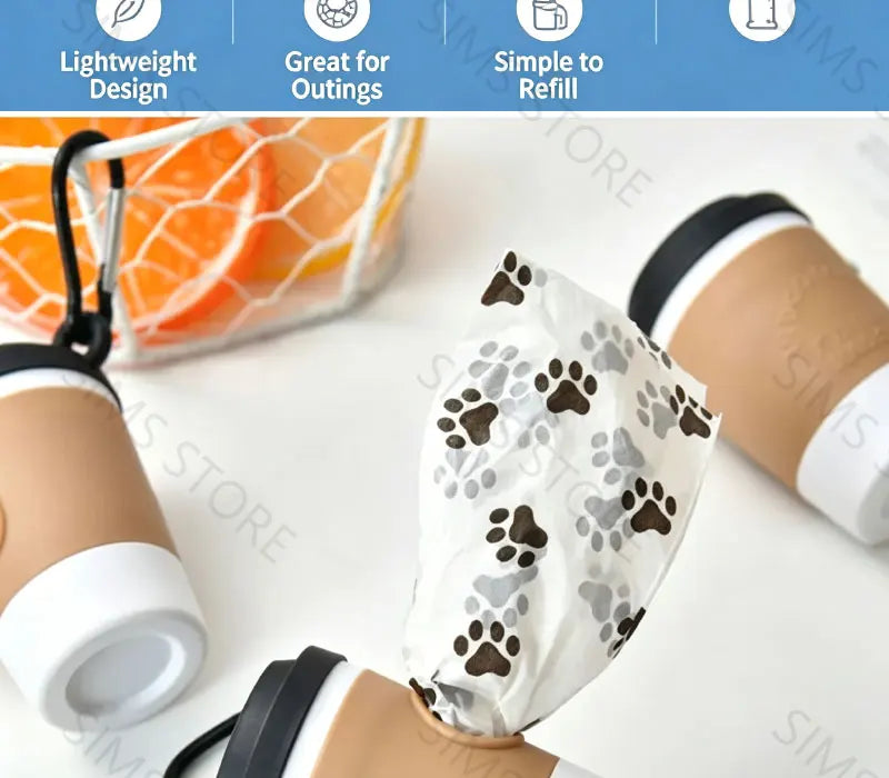 Coffee Cup Dog Poop Bag Dispenser with Leash Clip for Walks