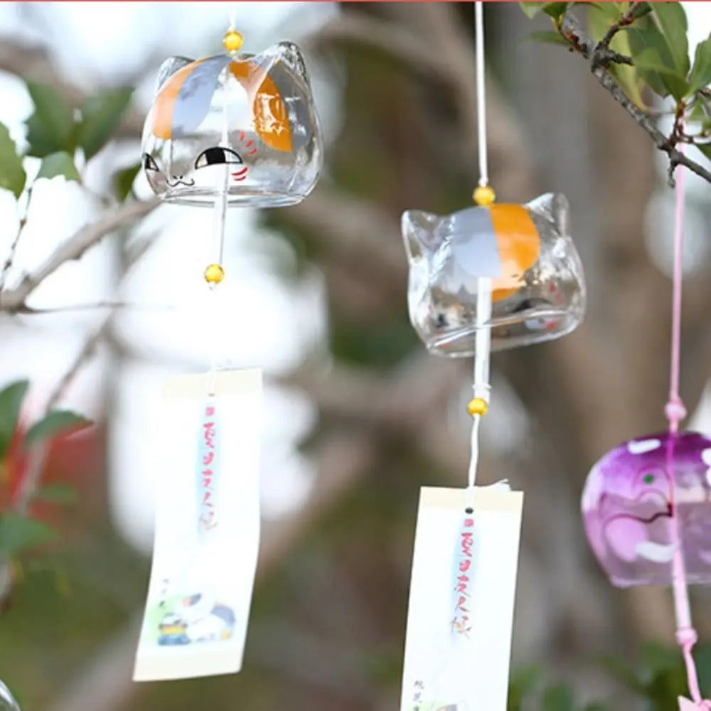 Japanese Glass Cat Wind Chime, Hanging Window Decor for Cat Lovers