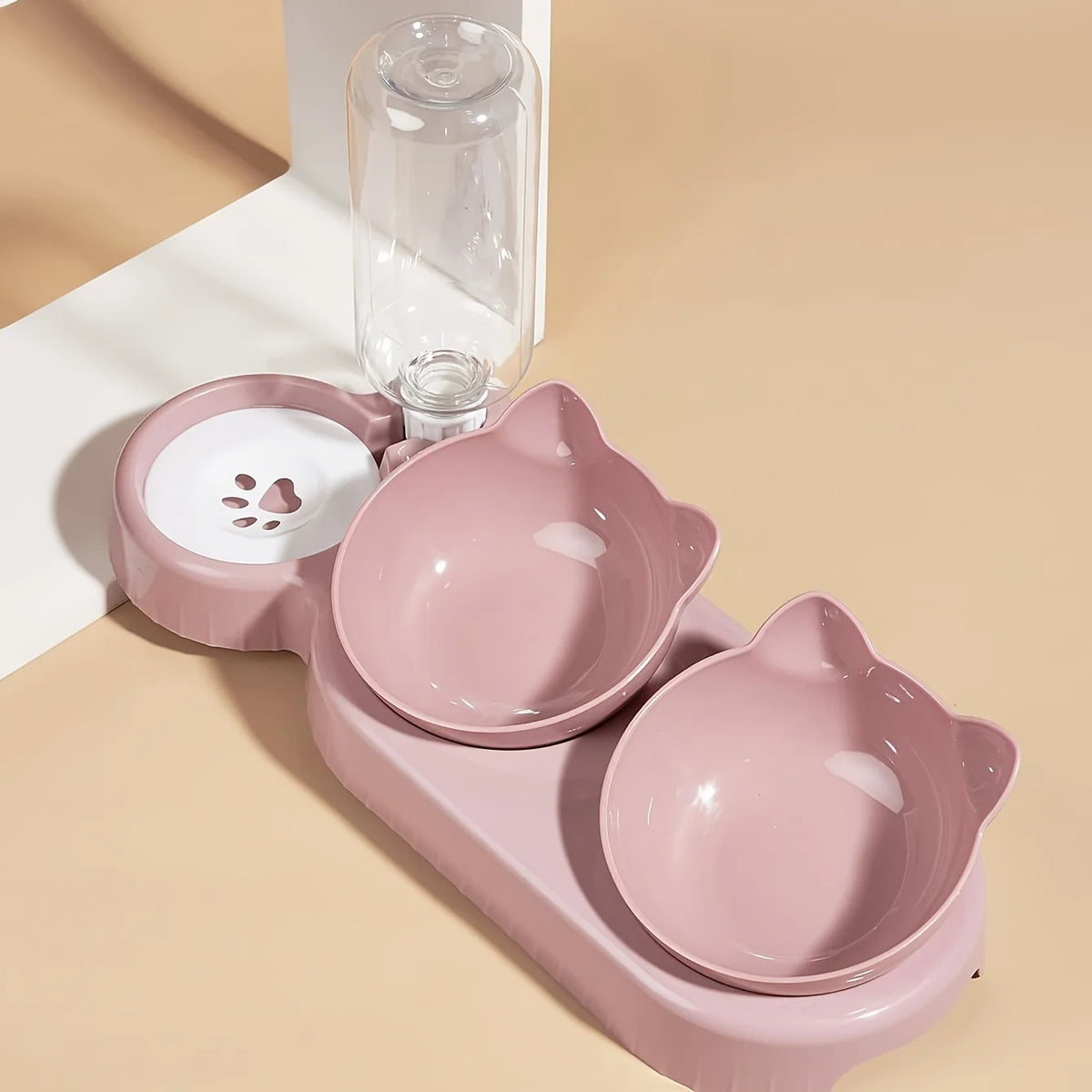 3-in-1 Tilted Cat Bowl Set with Gravity Water Bottle, Neck-Friendly