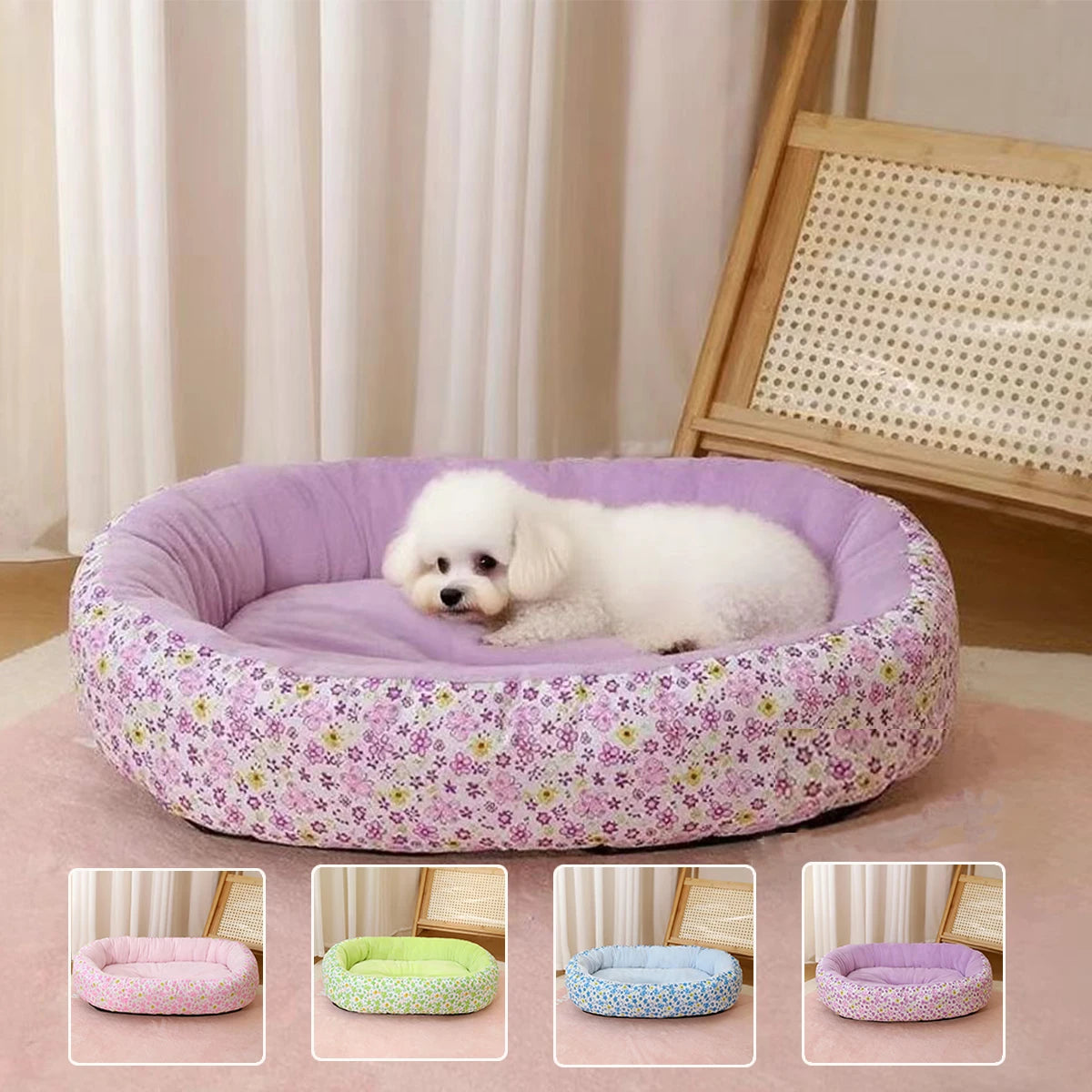 Floral All-Season Dog Bed – Soft Cushion Pad for Small Dogs & Cats