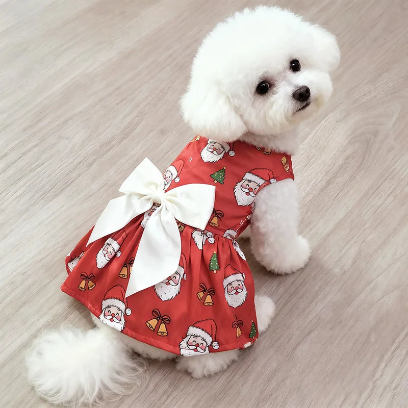 Christmas Dog Dress with Bow, Festive Holiday Pet Skirt